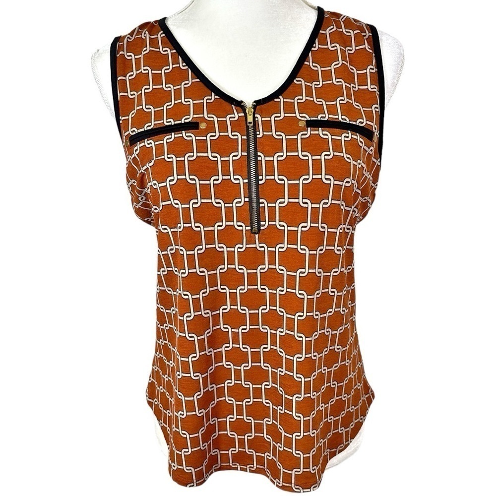 🌸The Workshop- Orange Chain Print Dressy Tank w/ Zip Neckline - Size M